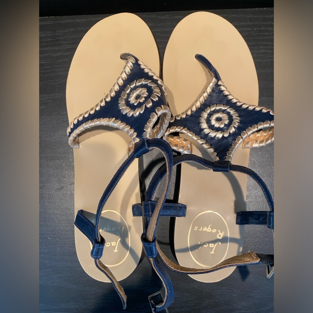 Almost New Jack Rogers Elise Denim Gold Embroidered Block Heel Sandals Size 7